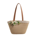 Bolso tote de paja tejido a mano con asas de cuero y decoración de rosas blancas - Beige