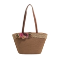 Bolso tote de paja marrón con ribete de encaje, flores y correa de hombro en cuero - Caqui