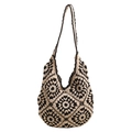 Beige en zwarte gehaakte shopper met handgemaakte boheemse geometrische bloempatronen - Geometrische Bloemen Patchwork Stijl (6087) / Zwart