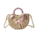Sac demi-lune tissé à la main avec appliques de fleurs roses et anse foulard - Blanc (Style Fleur & Nœud)