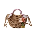 Straw handbag in natural brown with floral silk scarf handle and flower pendant - Khaki (Flower Decor Style)