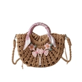 Handmade woven semi-circle straw bag with pink flowers and silk ribbon handle - Khaki (Flower & Bow Style)