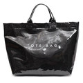 Glossy black patent leather tote bag with white TOTE BAG lettering and large capacity - Black