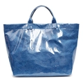 Dark blue glossy tote bag with crinkle texture and silver TOTE BAG lettering detail - Blue