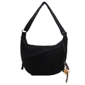 Minimalist black corduroy hobo crossbody bag with adjustable strap and baseball charm - Black
