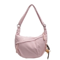 Pink corduroy crescent crossbody bag with woven zipper pull and mushroom charm - Pink