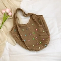 Borsa tote intrecciata a mano marrone chiaro con perline colorate per le vacanze - Cachi