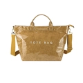 Moderna borsa tote kaki lucida con texture stropicciata e stampa TOTE BAG bianca - Giallo