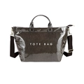 Borsa tote grigio scuro lucida con scritte bianche e tracolla regolabile in tessuto marrone - Marrone