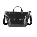 Borsa tote nera lucida con scritta TOTE BAG bianca e tracolla larga regolabile - Nero