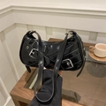 Fashionable black patent leather baguette bag with silver metal buckles and shoulder strap - Black