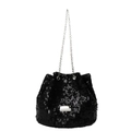 Fashionable black sequin bucket bag for women with silver chain strap and metal plate - Black
