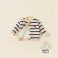 Cardigan in maglia a righe da bambina con fodera in pile, bottoni rossi e patch pinguino - Strisce Blu e Bianche Foderate in Pile / 80