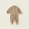 Fleece loungewear set voor peuters in lichtbruin met drukknopen en lange broek - 80 / Khaki