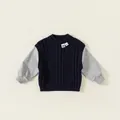 Pull bleu marine pour garçon avec manches grises, design superposé et détail dinosaure - 80 / Pré-vente Marine + Gris
