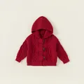 Donkerrood gebreid vest voor kinderen met capuchon, houtje-touwtje en kabels - Rood