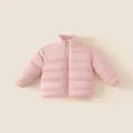 Pink reversible light down jacket for kids featuring quilted design and stand collar - Size 130 / Pink