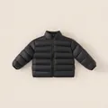 Kids lightweight black down jacket with stand collar and quilted padding for warmth - Size 130 / Black