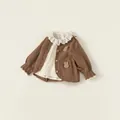 Bruin gebreid vest voor meisjes met witte ruffelkraag en 3D-pluche beer decoratie - 80 / Vest + Overhemd Set