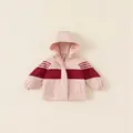 Chaqueta cálida con capucha para niños en rosa claro con rayas granates y cremallera - 80 / Rosa