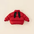 Kids warm red down jacket featuring cute long black bunny ears on the back - Red / 130
