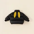 Kids black hooded down jacket with yellow bunny ears design on the back and ribbed cuffs - Black / 140