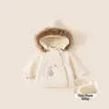 Creamy white children's hooded puffer coat with faux fur collar and star pendant details - Cream White Fur Collar Padded Coat (Fleece Lined & Thickened) / 80