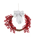 Christmas wreath with red berries, silver glitter bow, and brown rattan base for decor - Silver Glitter Bow Style