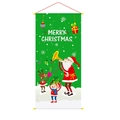 Gedetailleerde kerstbanner met kerstman die trombone speelt en de tekst Merry Christmas - Groene Kerstman Blaast Hoorn