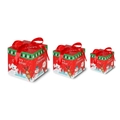 Dreiteiliges rotes Weihnachtsgeschenkbox-Set mit festlichen Motiven und Schleifen - Schneeszene-Stil