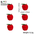 Sechser-Set rote beflockte Weihnachtsäpfel-Anhänger mit grünen Blättern und goldener Kordel - 4,5CM Roter Apfel