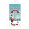 Blue Christmas banner with Santa Claus, snow pine forest and holiday greetings decor - Santa Claus with Gifts