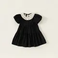 Elegant black puff sleeve girls dress with cream pleated collar and layered skirt - 90 / Black