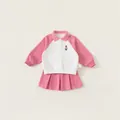 Roze en wit polo sweatshirt en plooirok tweedelige set met schattig berenborduursel - 80 / Sweatshirt + Geplooide Rok Set / Roze (Meisjes)