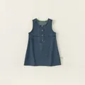 Kids denim pinafore dress in washed blue with light green lining and button front - 80 / Blue