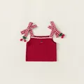 Canotta in maglia rossa per bambine con decorazioni a ciliegia e spalline a quadri - Rosso / 80