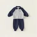 Survêtement garçon bleu marine et gris avec col polo et broderie petit ours - Bleu / 80