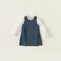 Girls' white ruffled shirt and dark blue denim pinafore dress two-piece outfit - 80 / Shirt + Dress Two-Piece Set / White+Blue