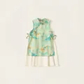 Girl's light green floral qipao dress with traditional Chinese landscape print pattern - 160 / Top And Bottom / Green (Upgrade)