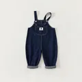 Classic dark blue baby denim overalls with front pocket and adjustable metal straps - 100 / Blue (Button Style)