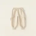 Children's cargo jogger pants in cream beige with elastic waist and flap side pockets - 130 / Apricot