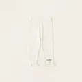 Cream knit leggings for girls featuring pink bow with pearl accent and ruffled hem - 140 / Bottoms / Off White