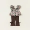 Girl's vintage floral mesh top and brown ribbed flare pants with bow details - 80 / Brown