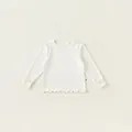 White long sleeve cotton rib T-shirt for girls with cute lettuce edge trim details - 80 / White