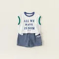 Boys summer outfit with white letter print tank top and blue denim cargo shorts - 80 / White+Blue