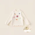 White long sleeve fleece lined t-shirt for girls with colorful star and heart patches - 80 / Off-white