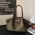 Olive green suede tote bag with pleated details and stylish metal buckle closure - Green