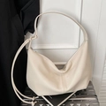 Minimalist beige textured leather large crossbody dumpling bag with stitching details - White
