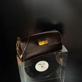 Retro dark brown glossy leather handbag with elegant gold buckle and chain strap - Ebony Coffee