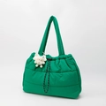 Puffy emerald green quilted puffer tote bag with cute white plush monster charm - Green